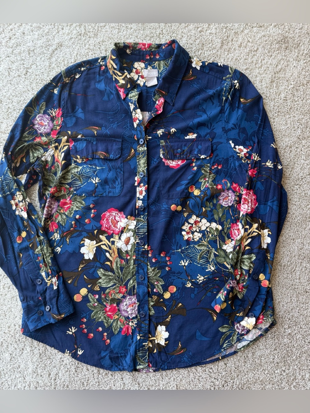 Chico's Floral Blouse Chico's Size 1 (8/10) Blue Purple Red Button Front Shirt